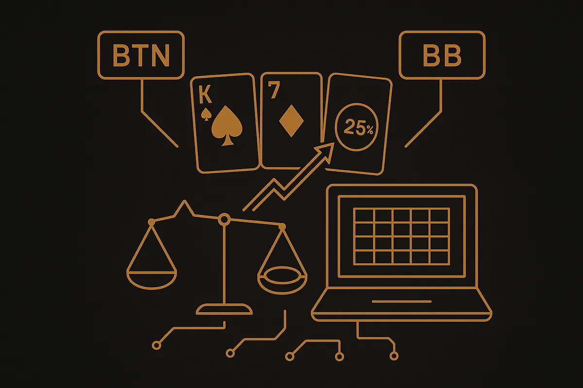 Button vs big blind GTO range matchup, the most common blind-stealing battle in 6-max poker, with the button opening wide and betting small postflop