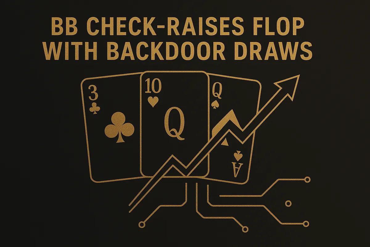 Big blind check-raising a queen-ten-three flop with backdoor straight and flush draws, the classic profile for a check-raise bluff candidate