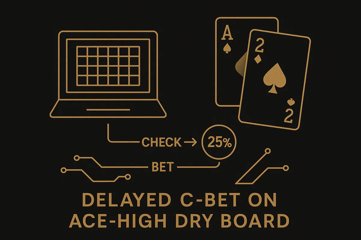 Delayed c-bet on an ace-high dry board: the preflop raiser checks the flop behind, then fires a small 25 percent pot bet once the opponent checks the turn