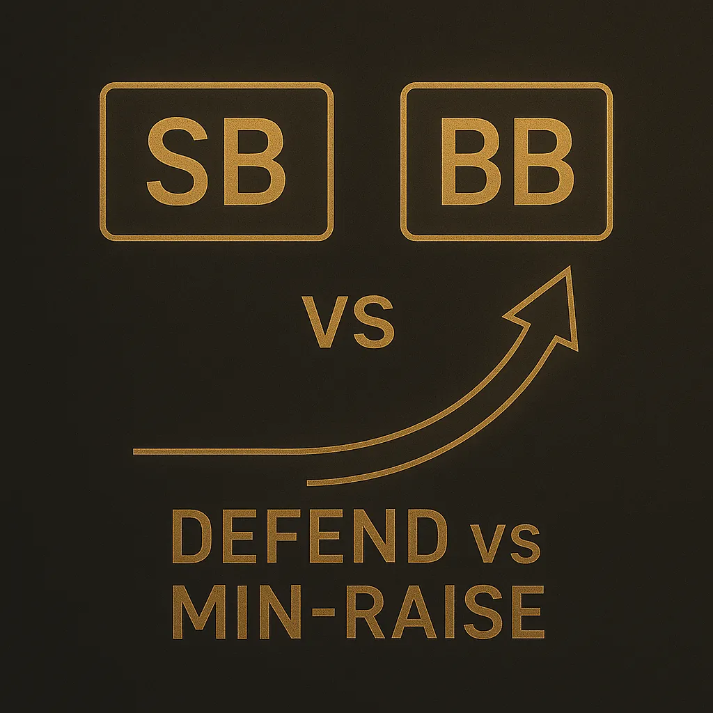 GTO big blind defending range against a small blind min-raise, where great pot odds push defense frequency near 70 percent