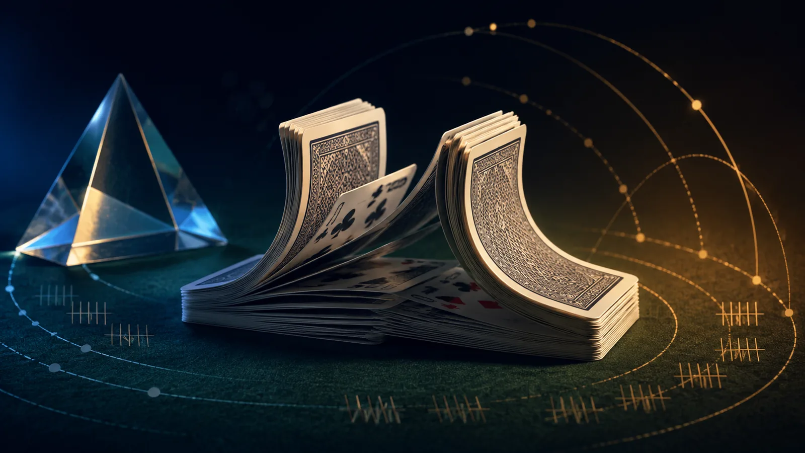 A deck is mid-shuffle beside a glass prism, probability arcs, and tally marks on a dark green analytical table.