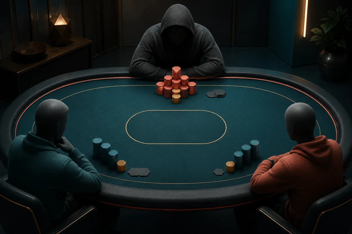 Three players surround a poker table with one committed main pot and an empty space for a possible side pot.