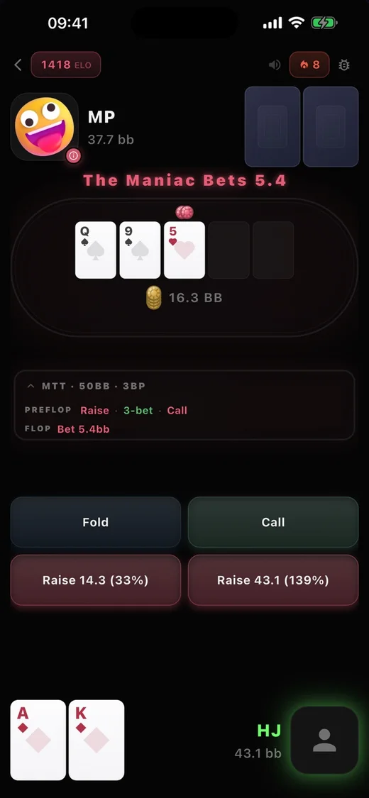 Live Poker Trainer hand in progress: the Maniac bets 5.4bb into a 16.3bb pot on Q-9-5 with the hero holding ace-king of diamonds