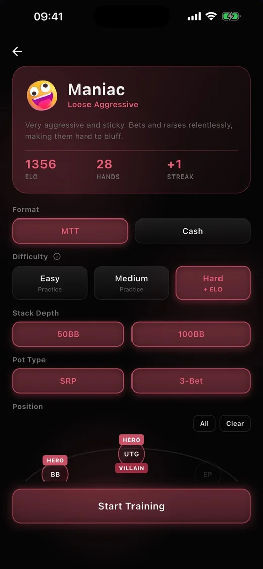 Live Poker Trainer setup screen with the Maniac archetype selected, showing format, difficulty, stack depth, pot type and position pickers