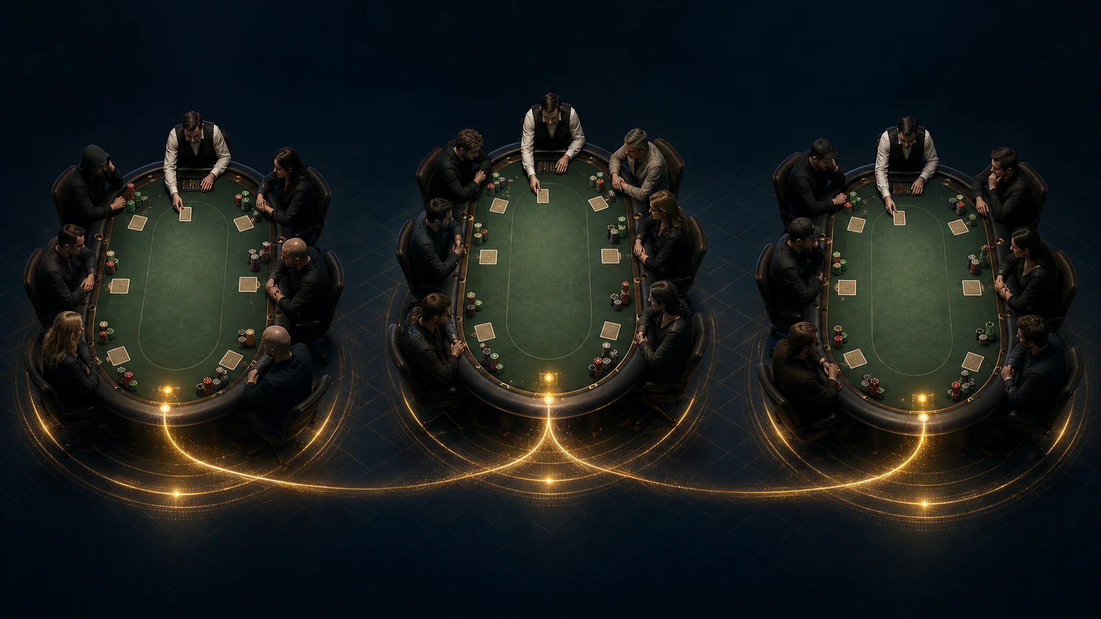 Three tournament poker tables pause in sync, connected by a gold path across a dark room.