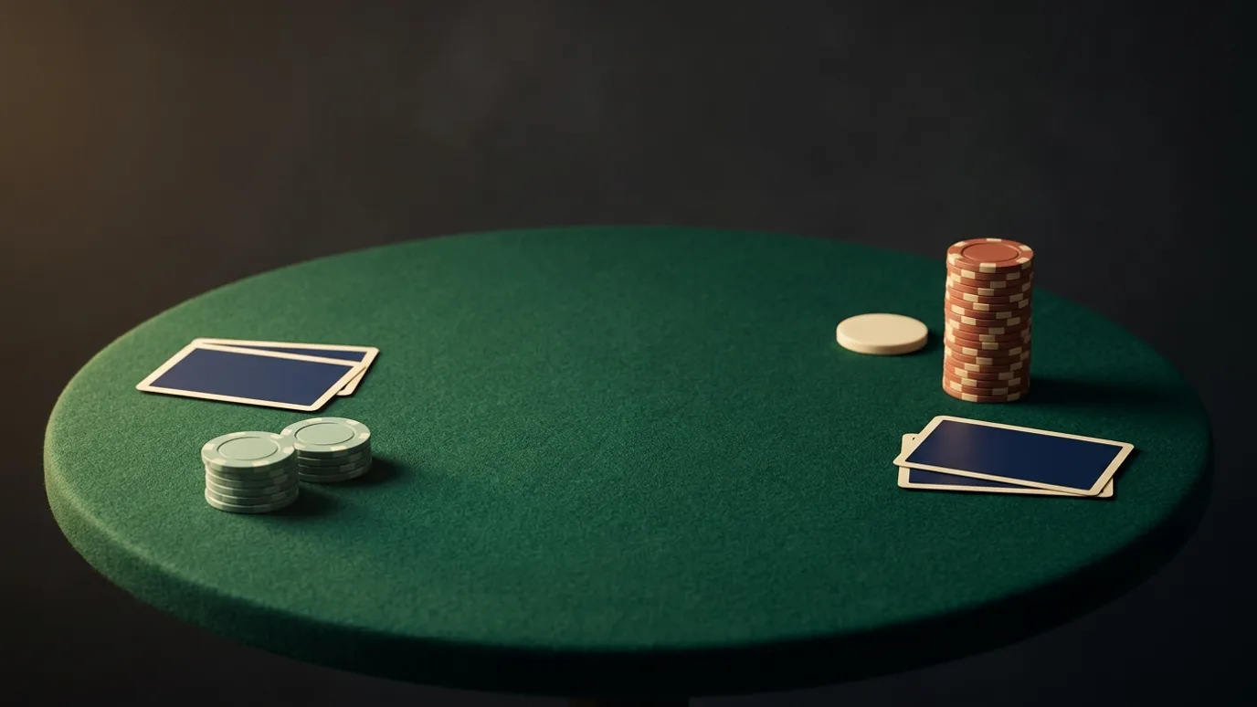 AI-generated heads-up poker still life with face-down cards and contrasting small and tall chip stacks.