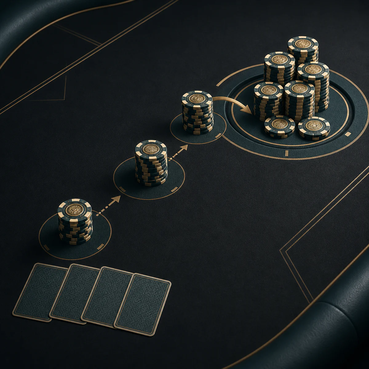 Four face-down Omaha cards and three chip stacks move in stages toward a central pot on dark felt.