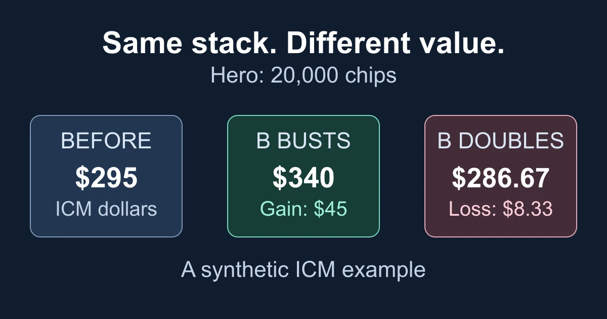 Hero keeps 20,000 chips, but modeled prize equity changes from $295 to $340 or $286.67.