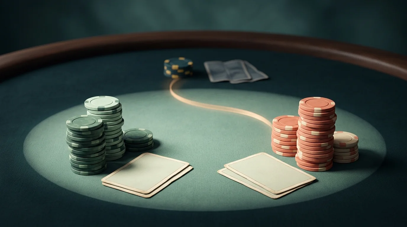 AI-generated editorial artwork of three poker chip stacks, with a ribbon of light linking a small folded player’s stack to the two foreground seats.