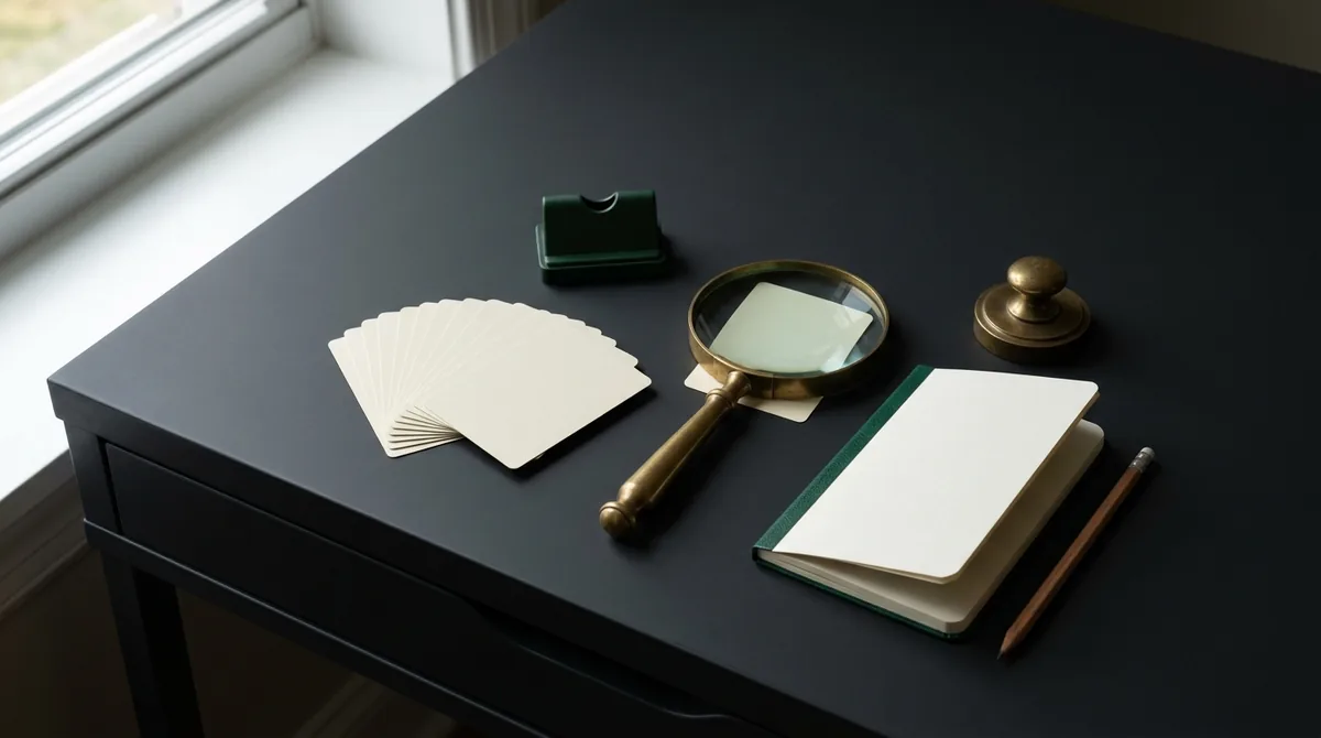 A magnifying glass isolates one plain card beside a notebook and a fan of cards, illustrating focused review after varied practice.