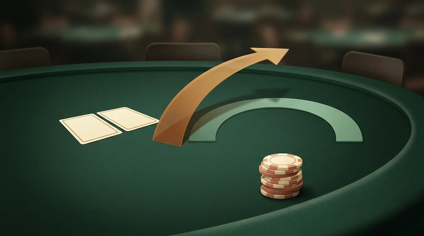 AI-generated editorial poker artwork with face-down cards, chips and two curved paths representing a lead or a check.
