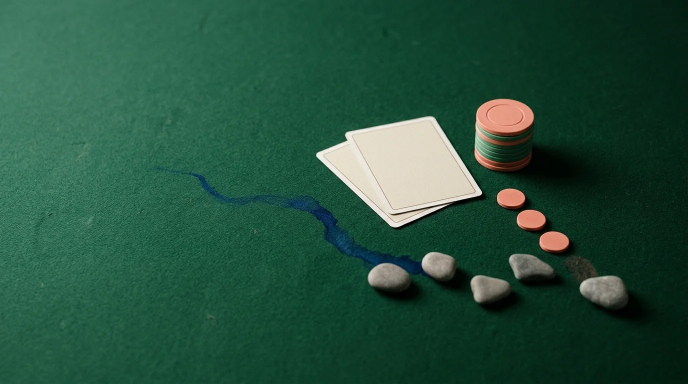 AI-generated poker still life with a fading blue trail and chips continuing past face-down cards.