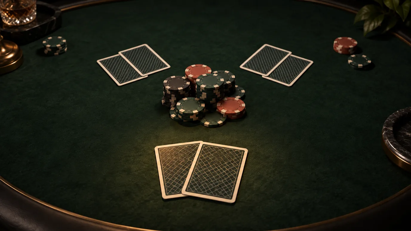 AI-generated poker still life with three pairs of face-down cards around a shared pot on dark green felt.