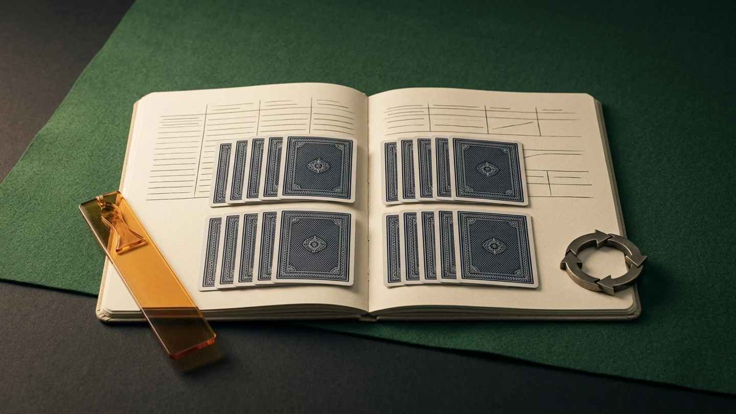Face-down cards arranged across an open study notebook beside a circular arrow and amber bookmark; conceptual artwork.
