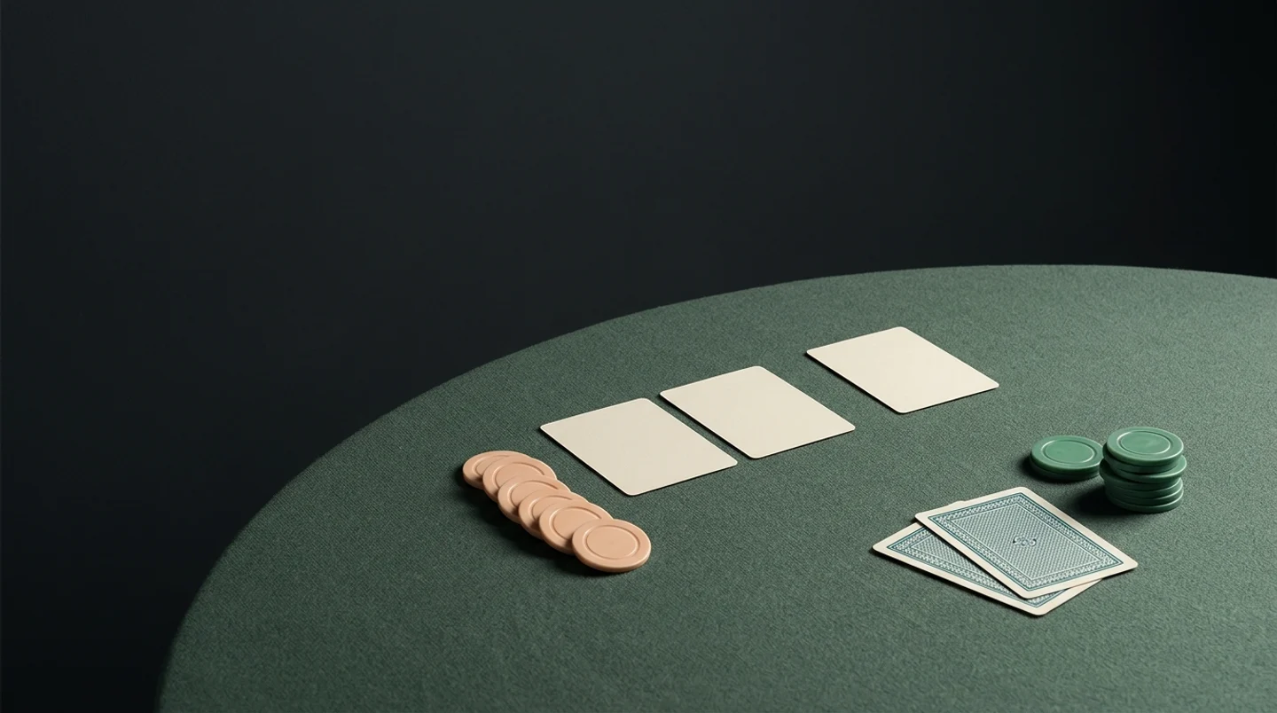 AI-generated poker still life with three blank cards and chips on a quiet green table.