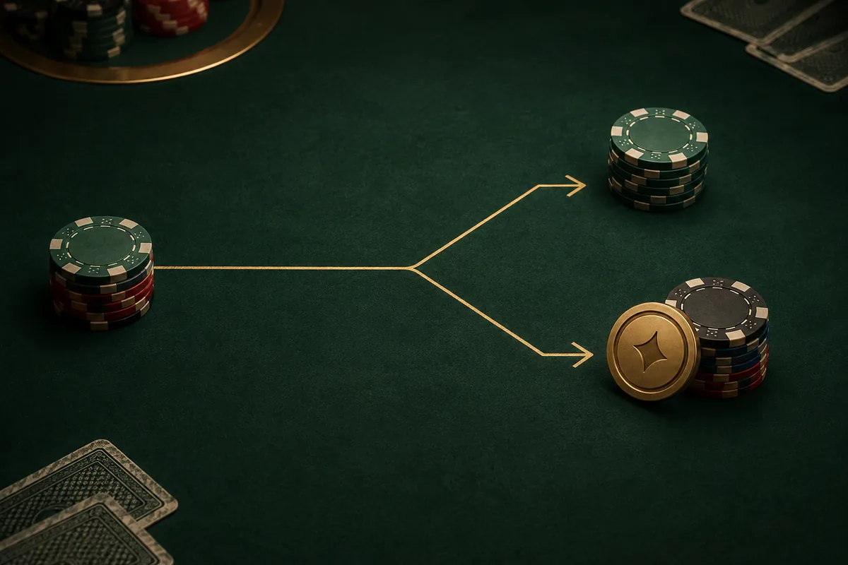 One poker-chip stack splits into two arrowed paths: chips alone above and chips beside a gold bounty token below.