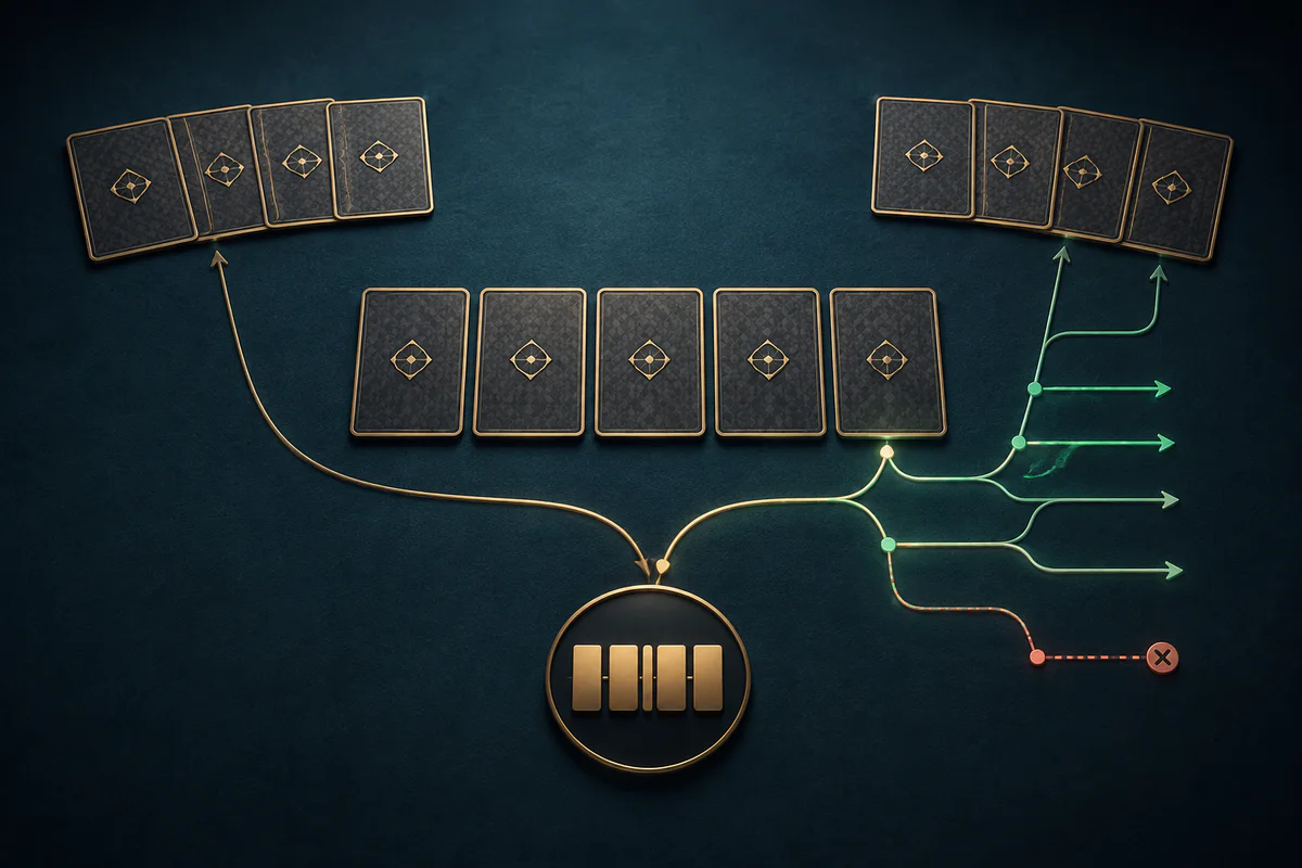 Two groups of four face-down Omaha cards meet at five shared board cards, then branch into several possible outcomes.
