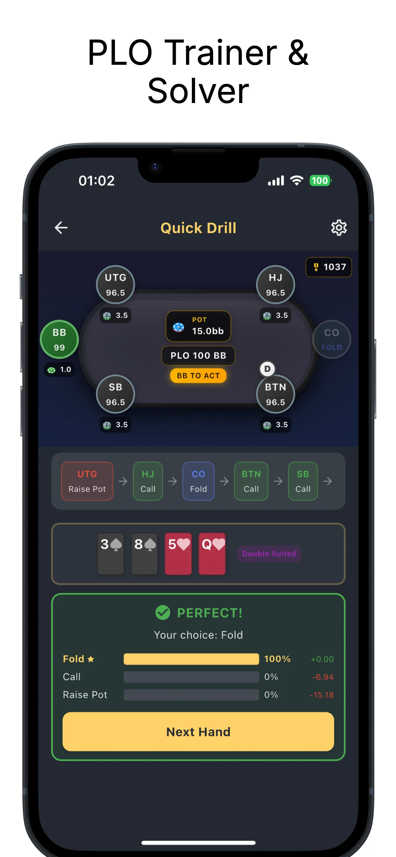 อินเทอร์เฟซเทรนเนอร์ PLO Edge แสดงฟีดแบ็ก GTO สำหรับมือ Pot Limit Omaha พร้อมความถี่ของแอคชั่นและข้อมูล EV