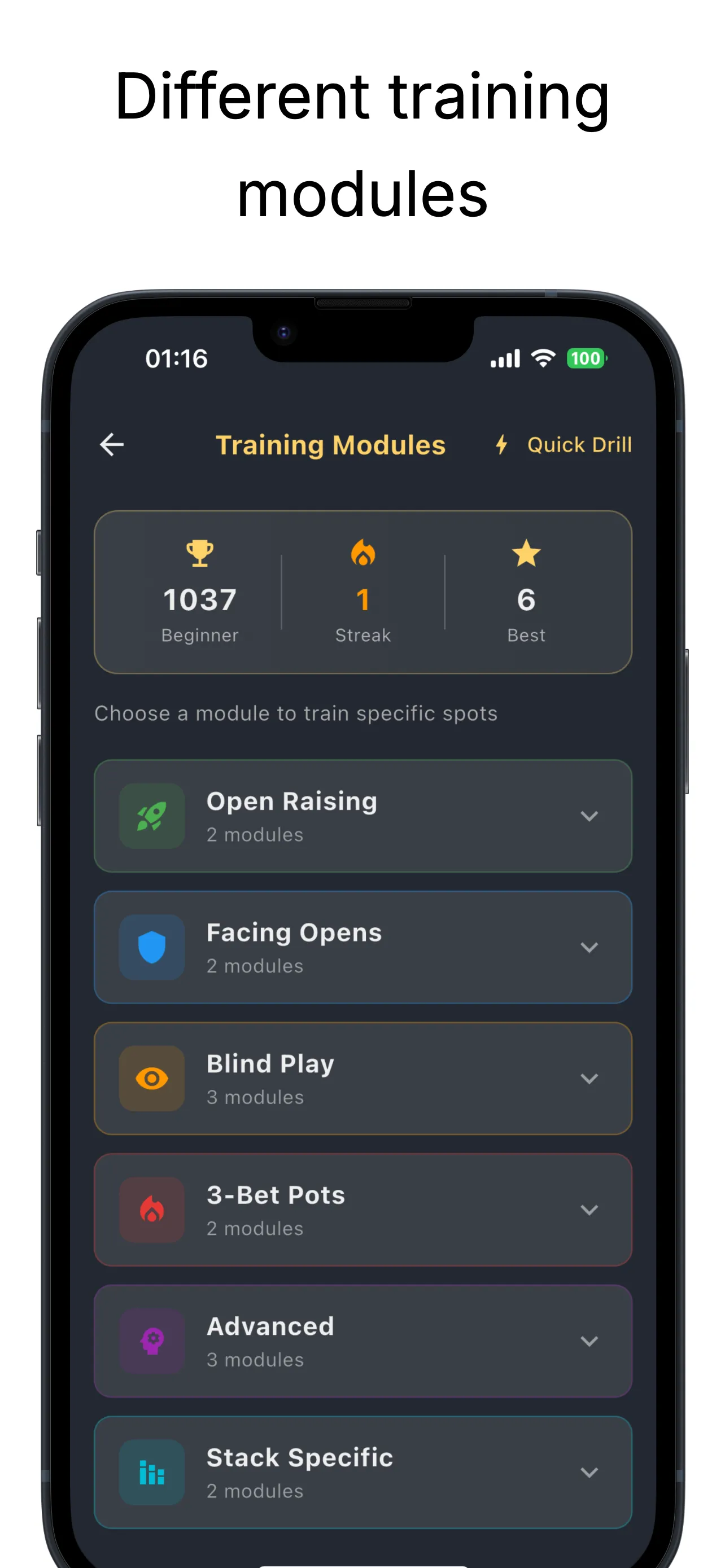 หน้าจอเลือกโมดูลฝึกฝนของ PLO Edge แสดงหกหมวดหมู่ตั้งแต่ Opening Ranges ถึง Short Stack
