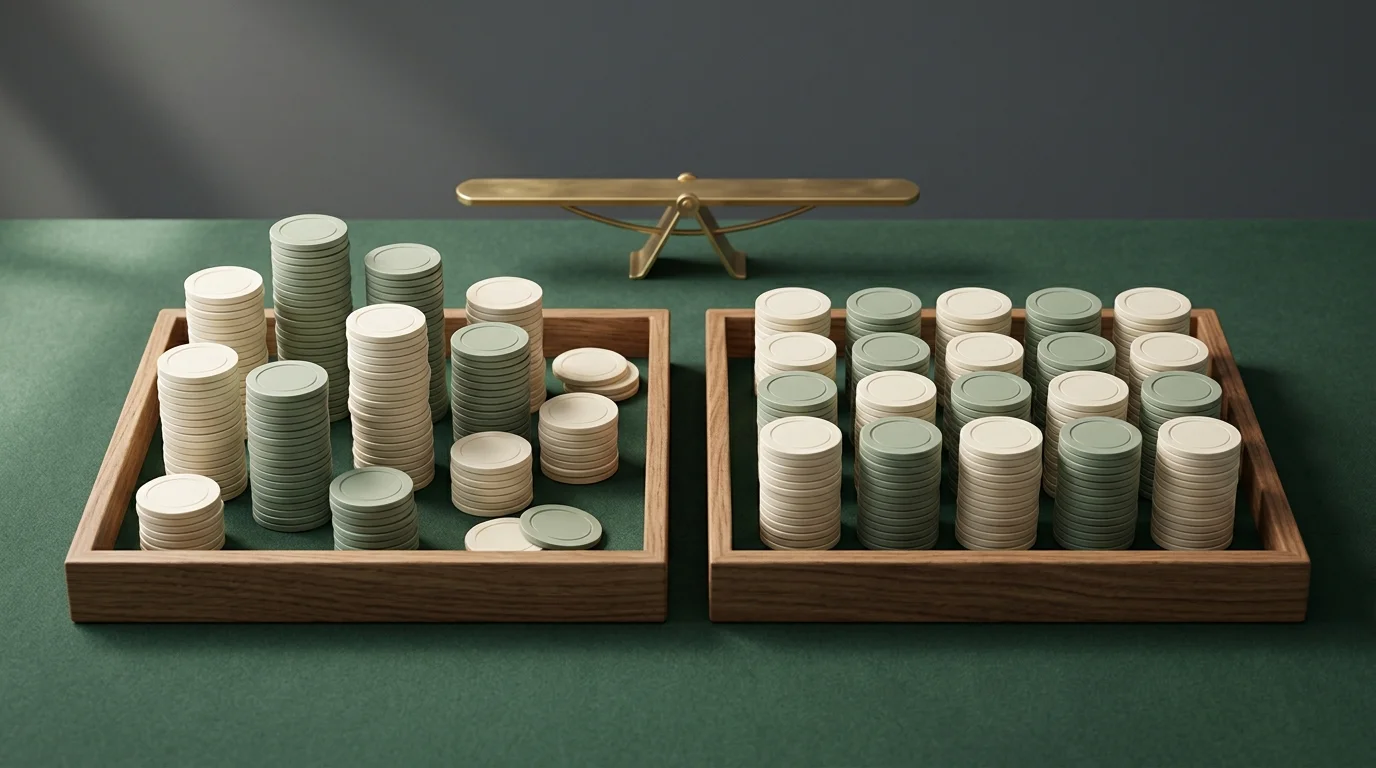 Two trays of differently distributed poker chips beside a level balance; conceptual artwork, not a numerical diagram.