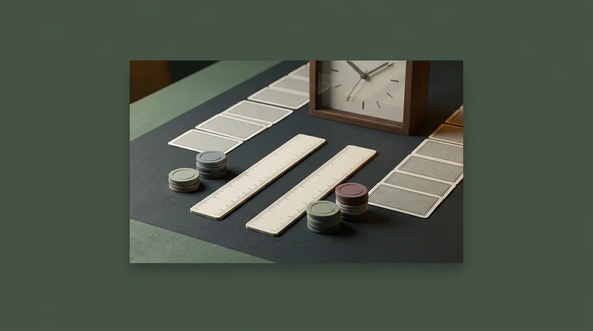 Two measuring rulers and parallel rows of face-down cards beside one clock; conceptual artwork about units and shared time.