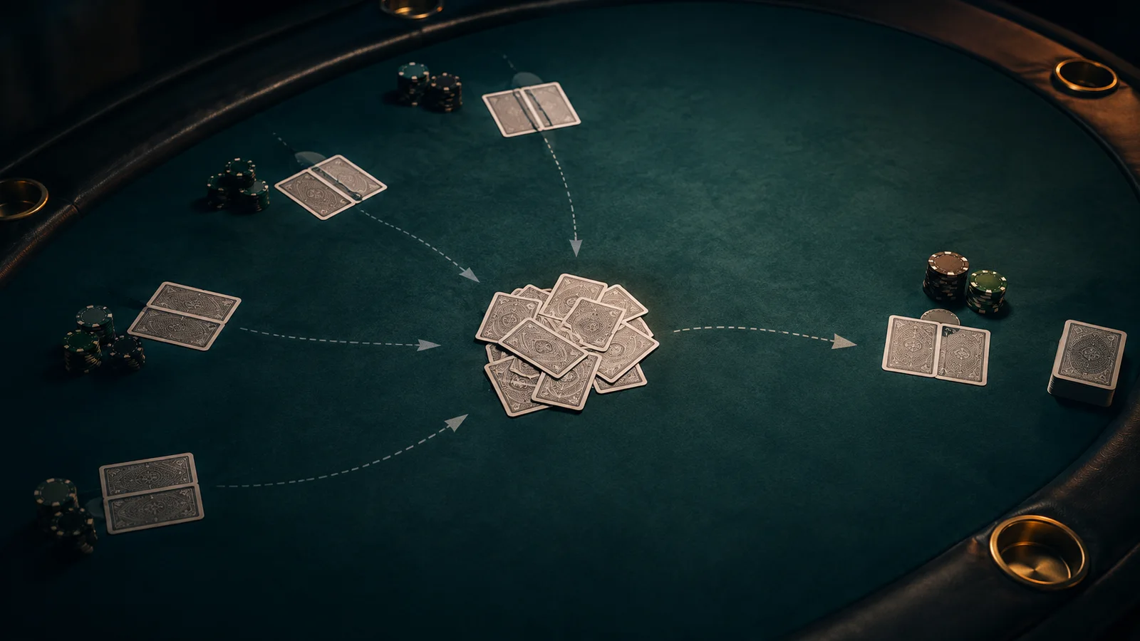 Several pairs of face-down poker cards move toward the muck while one late-position hand remains beside the deck.