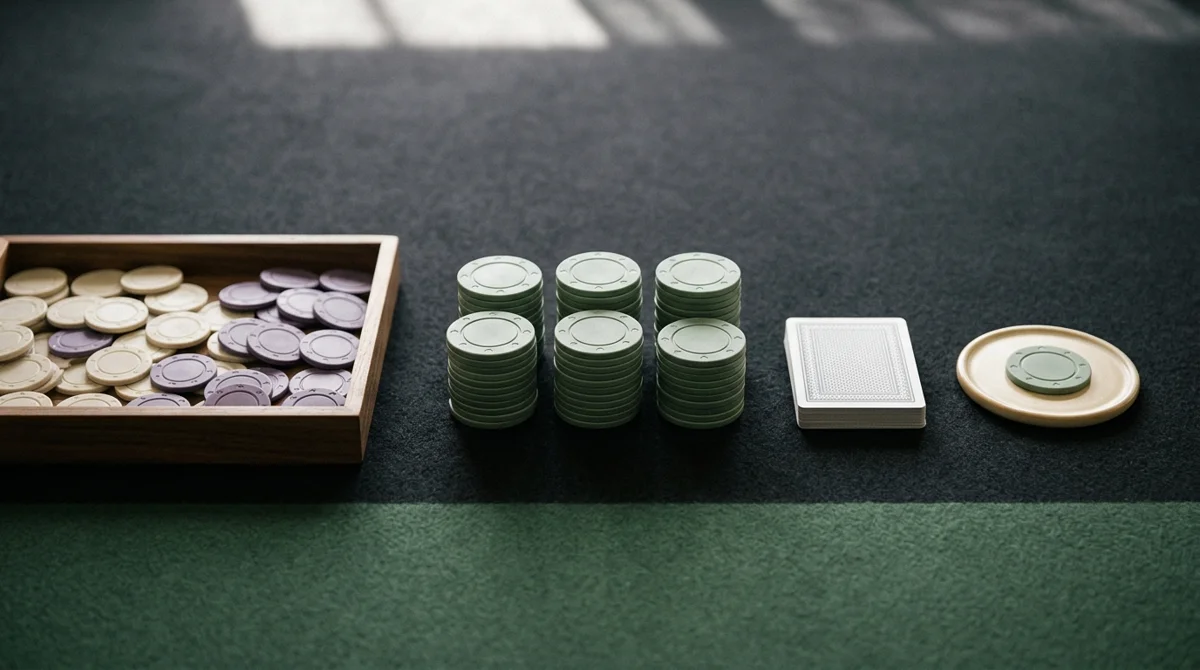 Small chips beside larger replacement stacks and a separate single chip, illustrating a tournament color-up.
