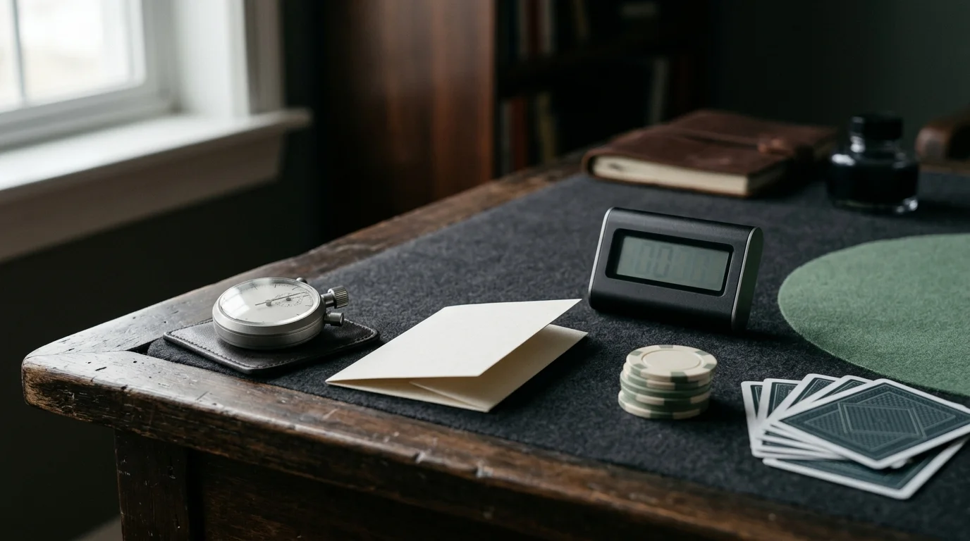 An analog stopwatch and a small digital timer beside a blank event card and poker chips; conceptual artwork about distinct timing procedures.