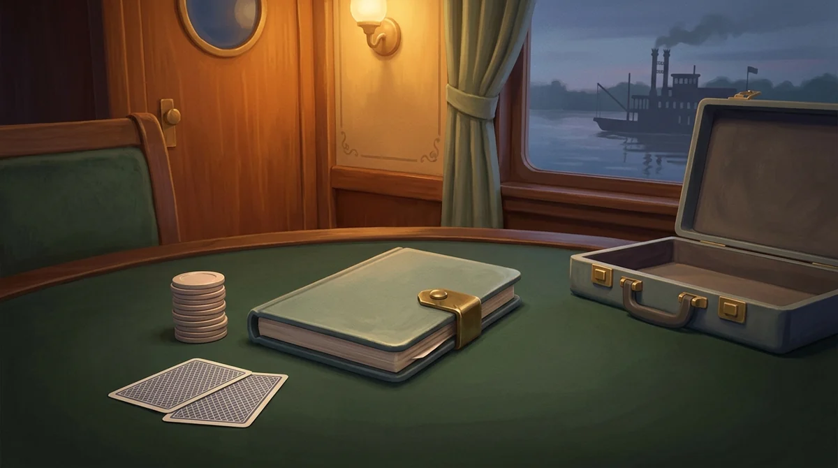 A clasped journal beside play chips and an empty travel case in a riverboat cabin; conceptual artwork about keeping progress on one device.