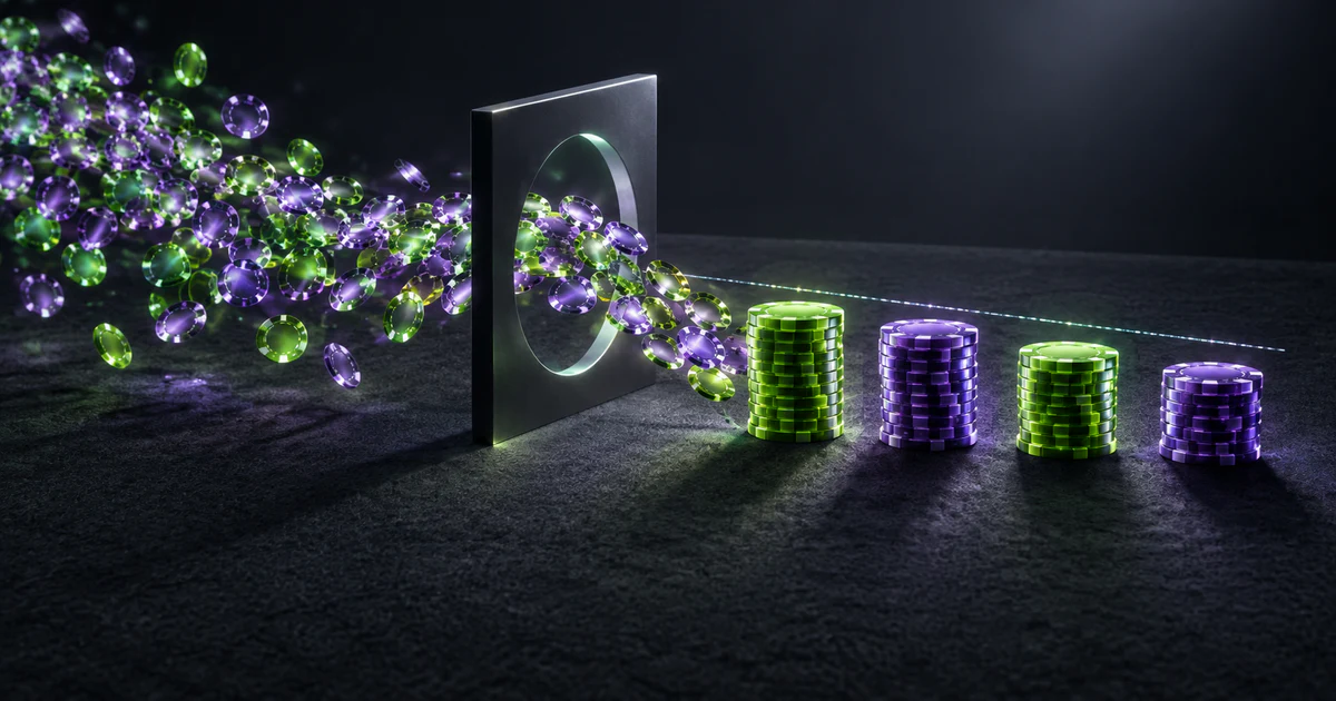 Fine lime and violet poker chips flow through a dark geometric gate and emerge as four coarse stacks on charcoal felt.
