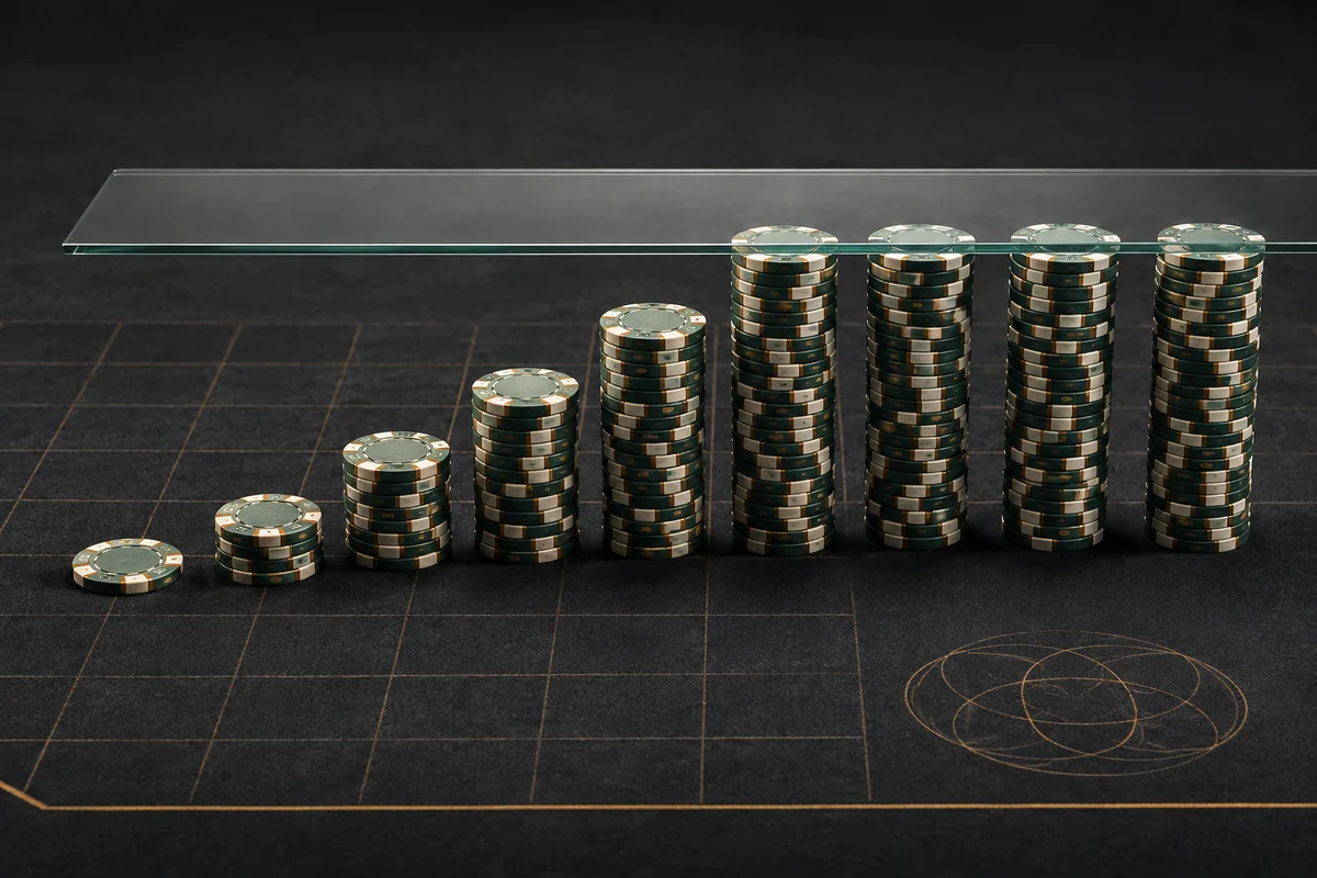 Ascending poker-chip stacks meet a transparent ceiling on a dark analytical grid.