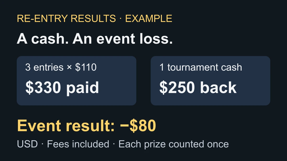 Three entries cost $330. One tournament cash returns $250. The event result is an $80 loss.