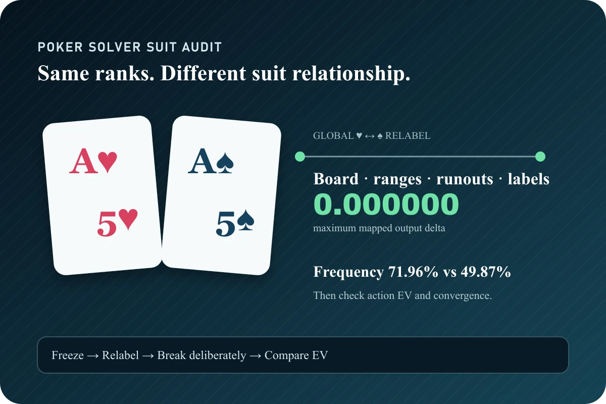 Two ace-five combinations face a four-step audit of suit labels, runouts, frequencies, and expected value.
