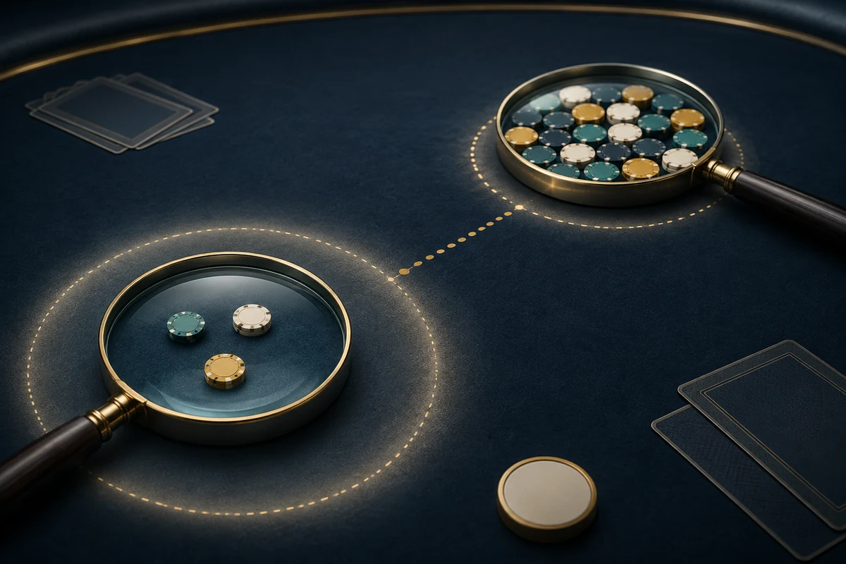 Two magnifying glasses compare three poker chips inside a broad glowing ring with a larger chip group inside a tighter ring.