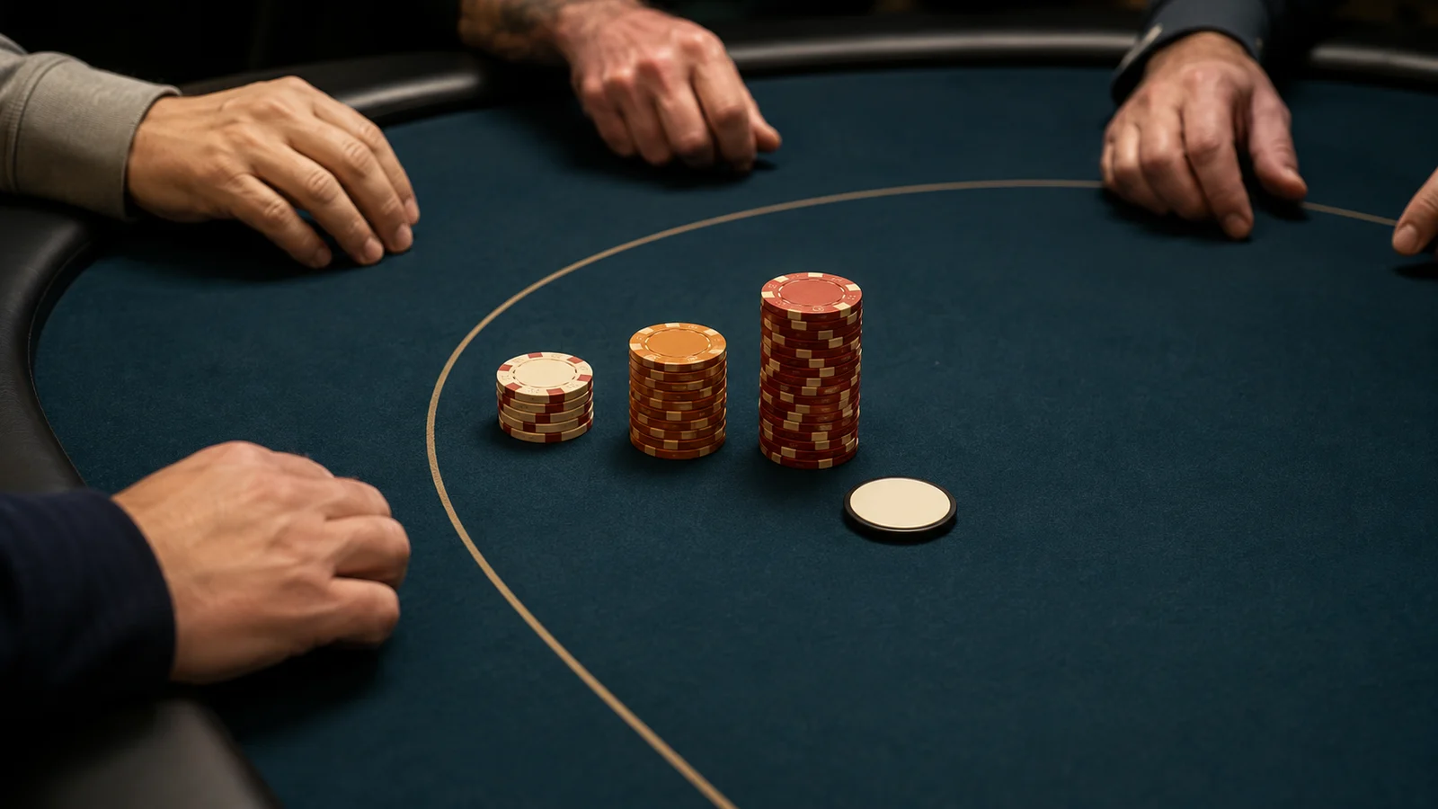 Three live blind chip stacks increase in size on a dark teal poker table while players wait to act preflop.