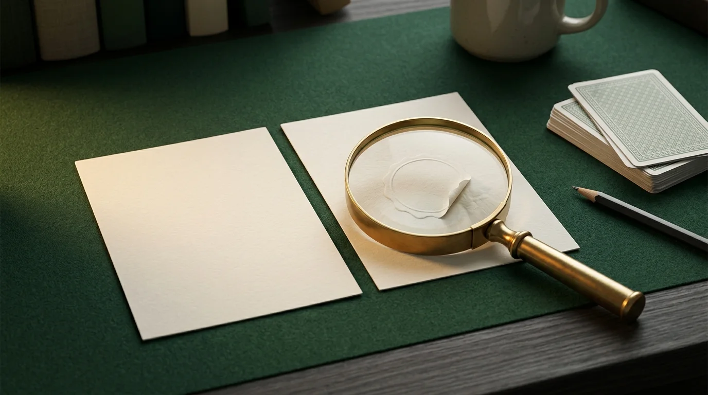 A magnifying glass examines a sealed study card beside face-down playing cards on green felt; conceptual artwork.