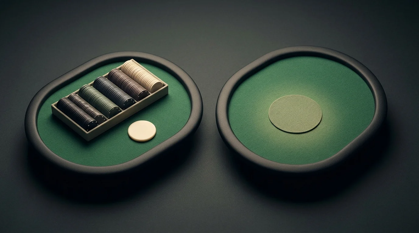 A tray of chips and a plain seating token beside two miniature poker tables, illustrating a tournament table move.