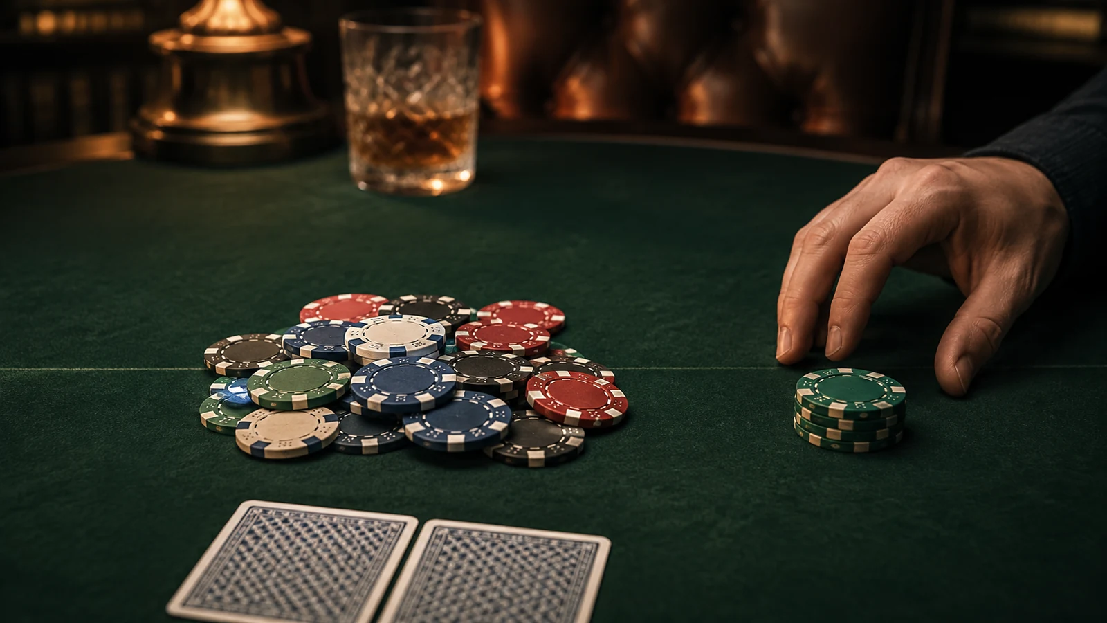 A player pauses beside a fresh chip stack while chips already wagered sit in the center of a poker table.