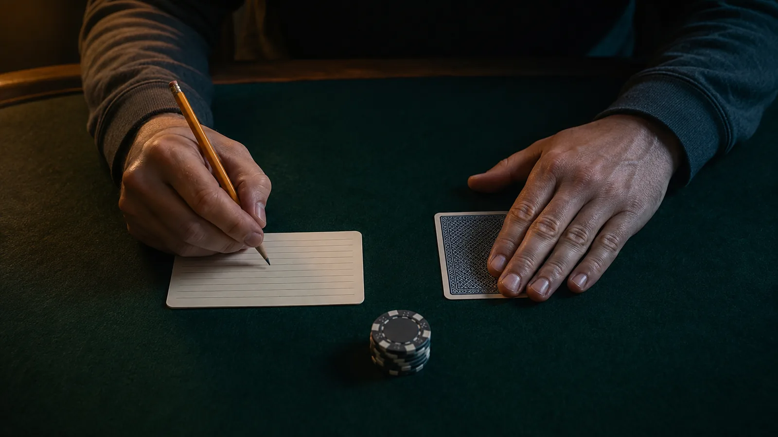 A poker player writes on a blank review card while keeping a face-down final card covered.