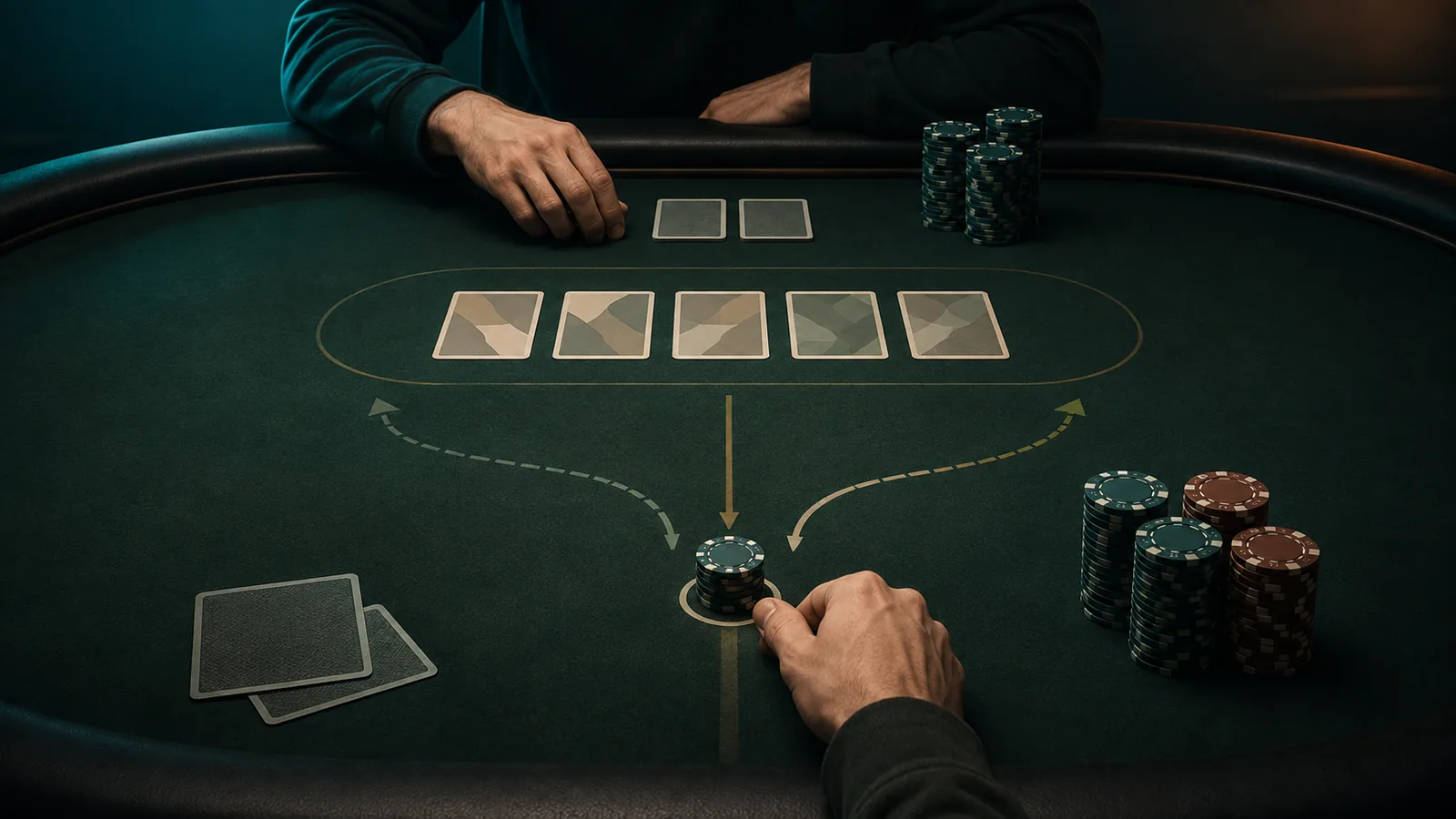 A poker player slides a small chip stack forward as branching paths suggest a river decision.