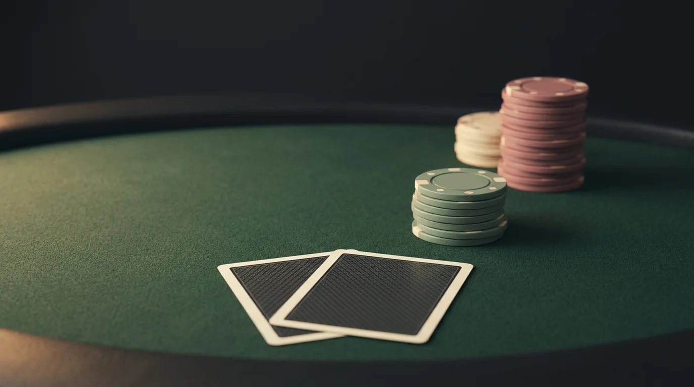 AI-generated poker still life showing face-down cards and two different chip stacks separated by a pause in the composition.