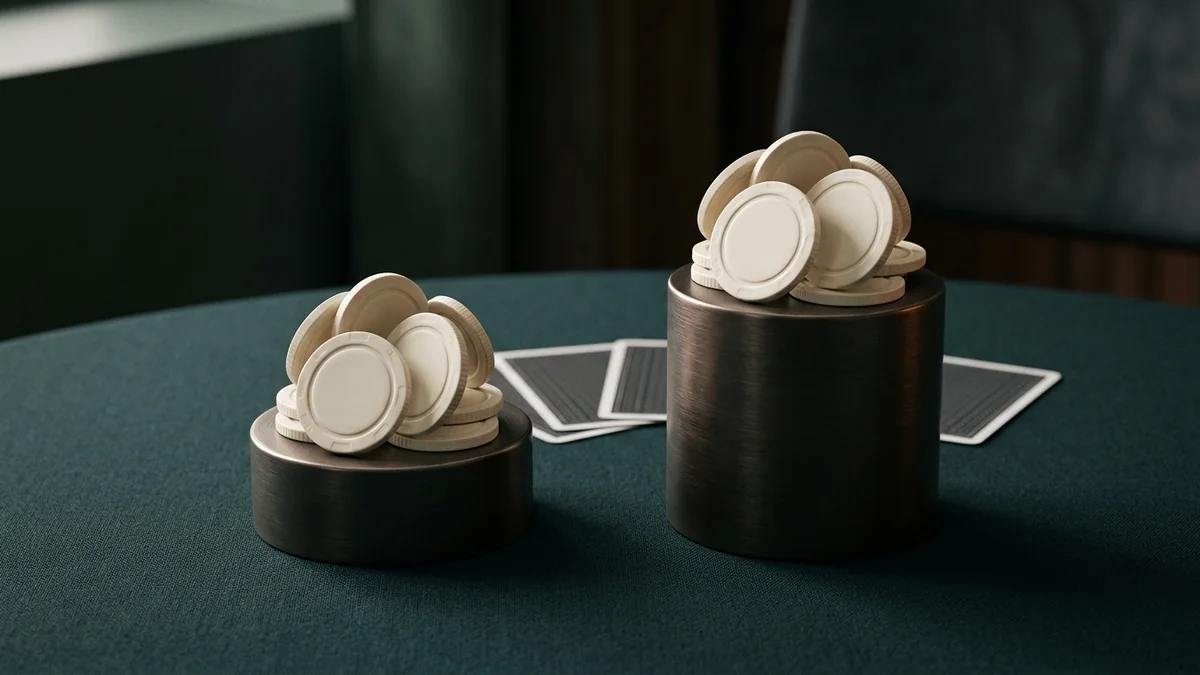 AI-generated poker still life suggesting the choice between a quiet trap and building a pot.