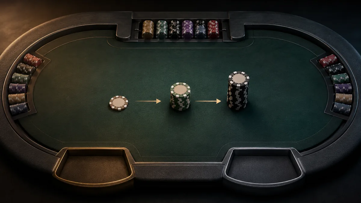 Three progressively larger chip wagers cross a dark poker table between two differently highlighted seats.