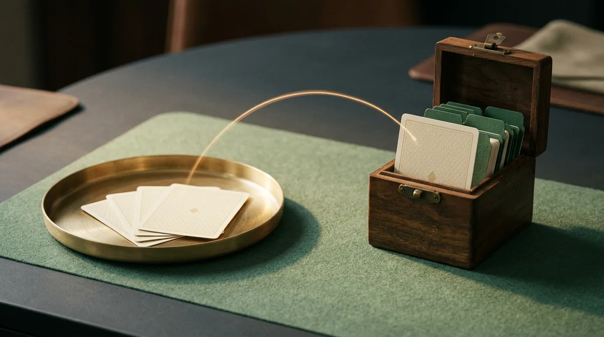 A tray of fresh cards sits beside an organized file of saved cards, illustrating daily questions and returning to past decisions.