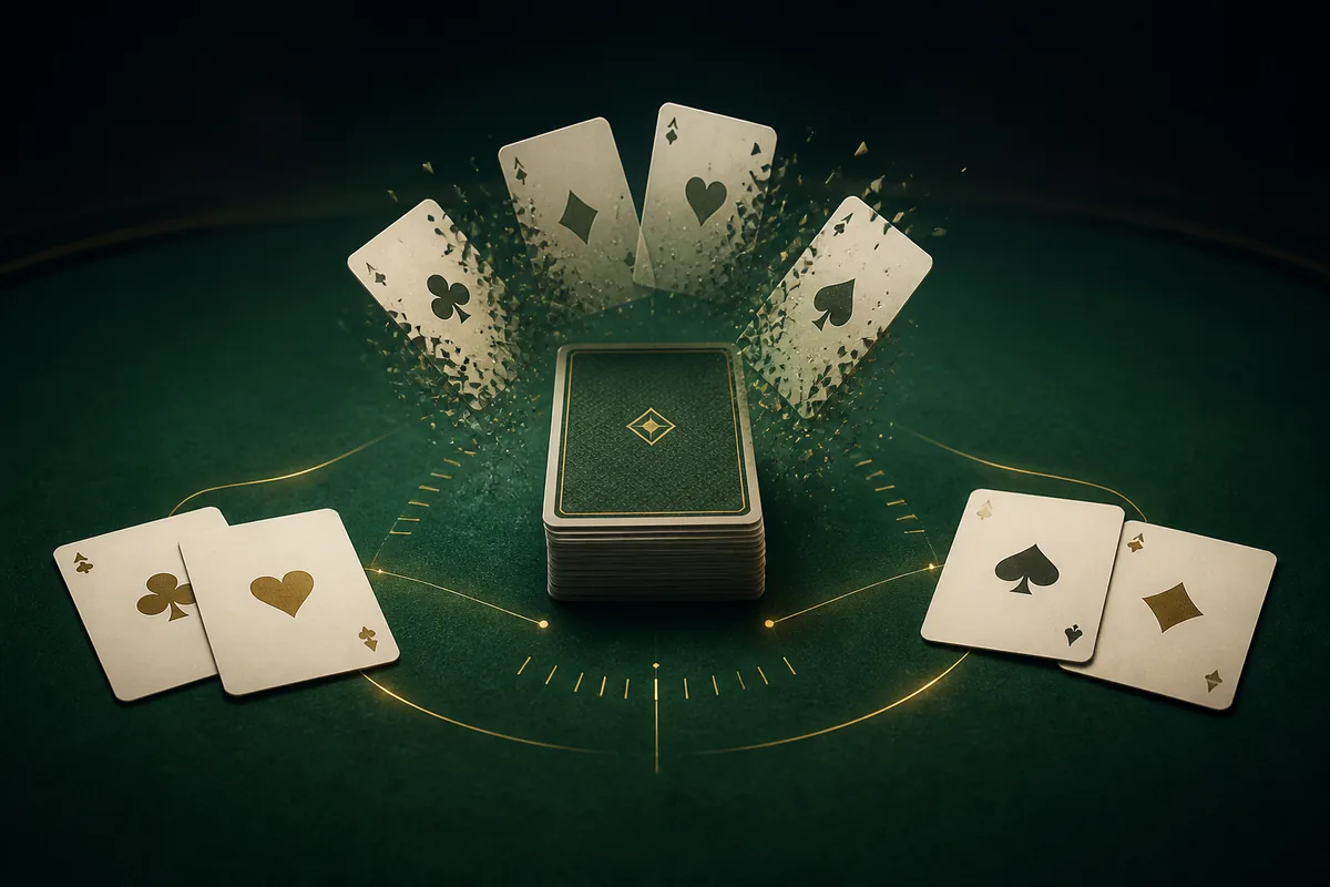 Two abstract poker starting hands face a compact deck while four cards dissolve, visualizing the transition from standard Hold’em to Short Deck.
