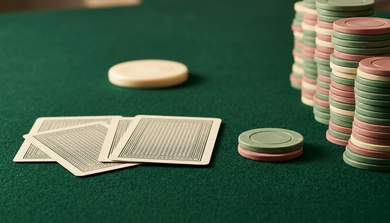 AI-generated poker still life with face-down cards, a small wager and tall muted chip stacks.