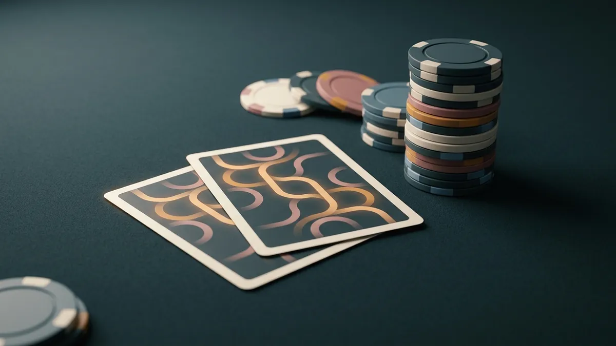 AI-generated editorial illustration of two abstract card backs beside a tall stack of poker chips on dark teal felt.