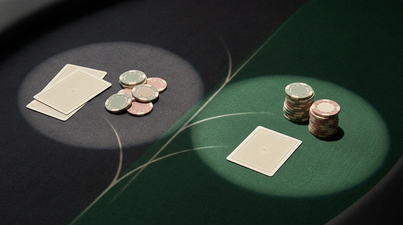 AI-generated poker study still life with two possible betting paths, face-down cards and restrained chip stacks.