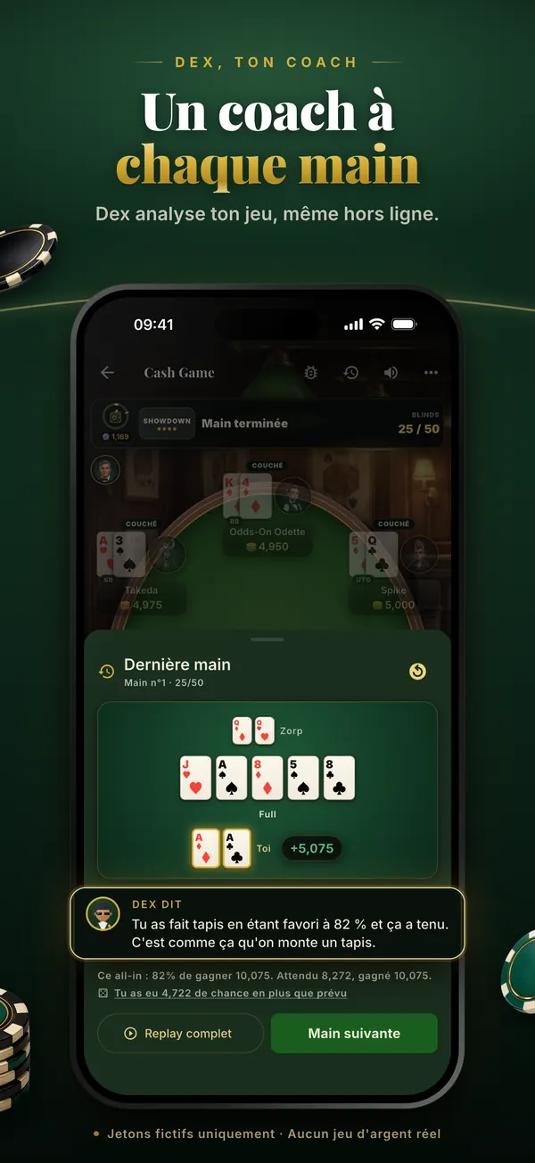 L’analyse de Dex après une main gagnée avec un full