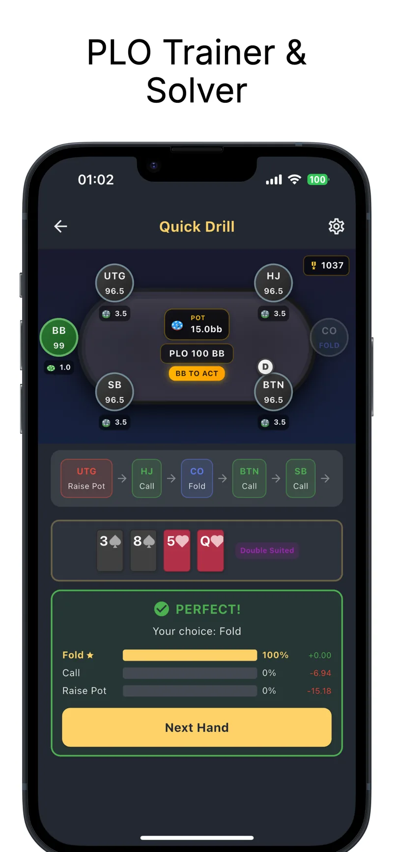 PLO Edge trainer with GTO feedback showing perfect fold